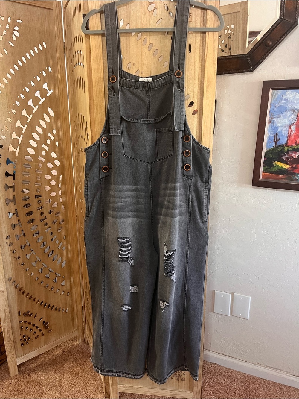 Easel Charcoal Distressed Denim Overalls